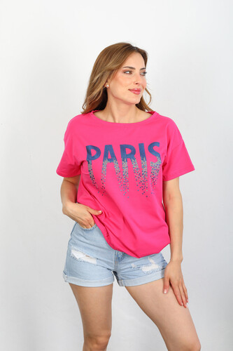 Berox - Paris Payet Baskılı Yan Büzgülü Fuşya Kadın T-shirt (1)