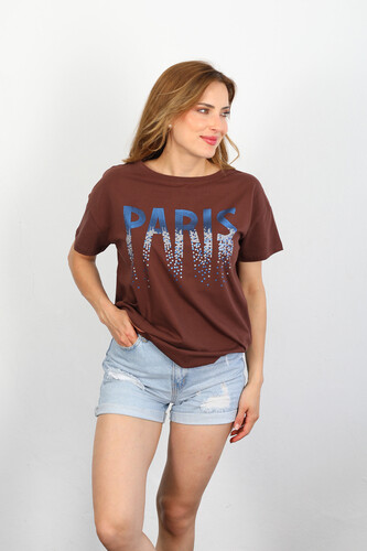 Berox - Paris Payet Baskılı Yan Büzgülü Kahverengi Kadın T-shirt (1)