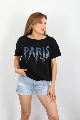 Berox - Paris Payet Baskılı Yan Büzgülü Siyah Kadın T-shirt (1)