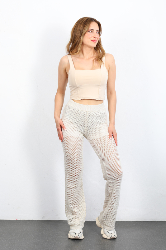 Berox - Parlak İpli Ajurlu Taş Rengi Kadın Triko Pantolon