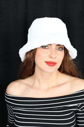 Peluş Beyaz Kadın Bucket Şapka - Thumbnail