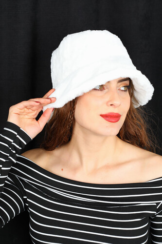 Peluş Beyaz Kadın Bucket Şapka - Thumbnail