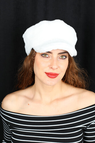 Peluş Kadın Beyaz Ressam Şapka - Thumbnail