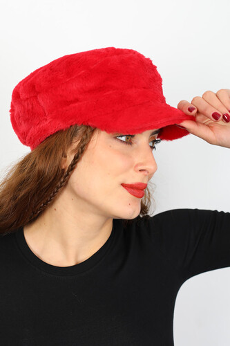 Peluş Kadın Kırmızı Ressam Şapka - Thumbnail