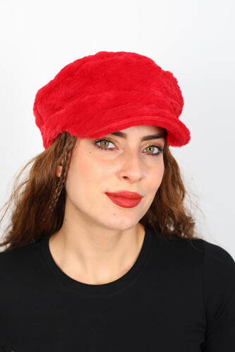 Peluş Kadın Kırmızı Ressam Şapka - Thumbnail