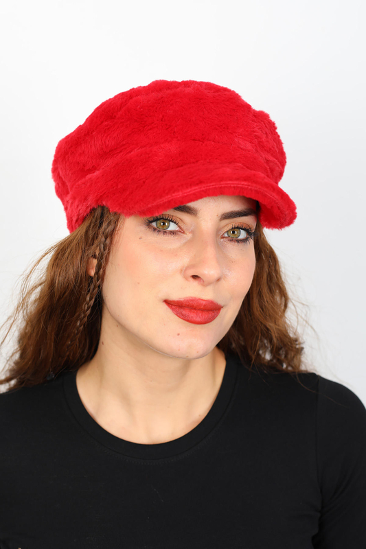 Berox - Peluş Kadın Kırmızı Ressam Şapka