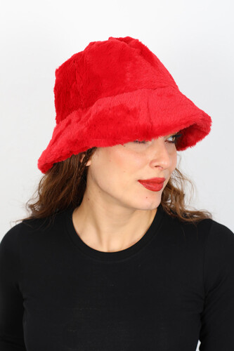 Peluş Kırmızı Kadın Bucket Şapka - Thumbnail