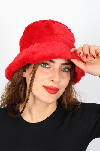 Peluş Kırmızı Kadın Bucket Şapka - Thumbnail