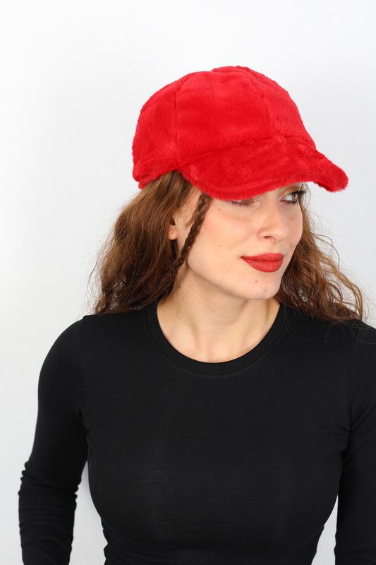 Berox - Peluş Tüylü Kırmızı Kadın Şapka (1)