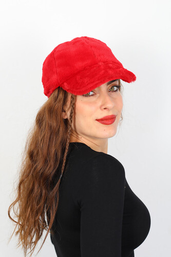Peluş Tüylü Kırmızı Kadın Şapka - Thumbnail