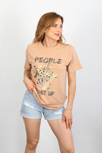 Berox - People İnci Taş Leopar Baskılı Bej Kadın Oversize T-shirt (1)