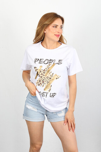 Berox - People İnci Taş Leopar Baskılı Beyaz Kadın Oversize T-shirt (1)