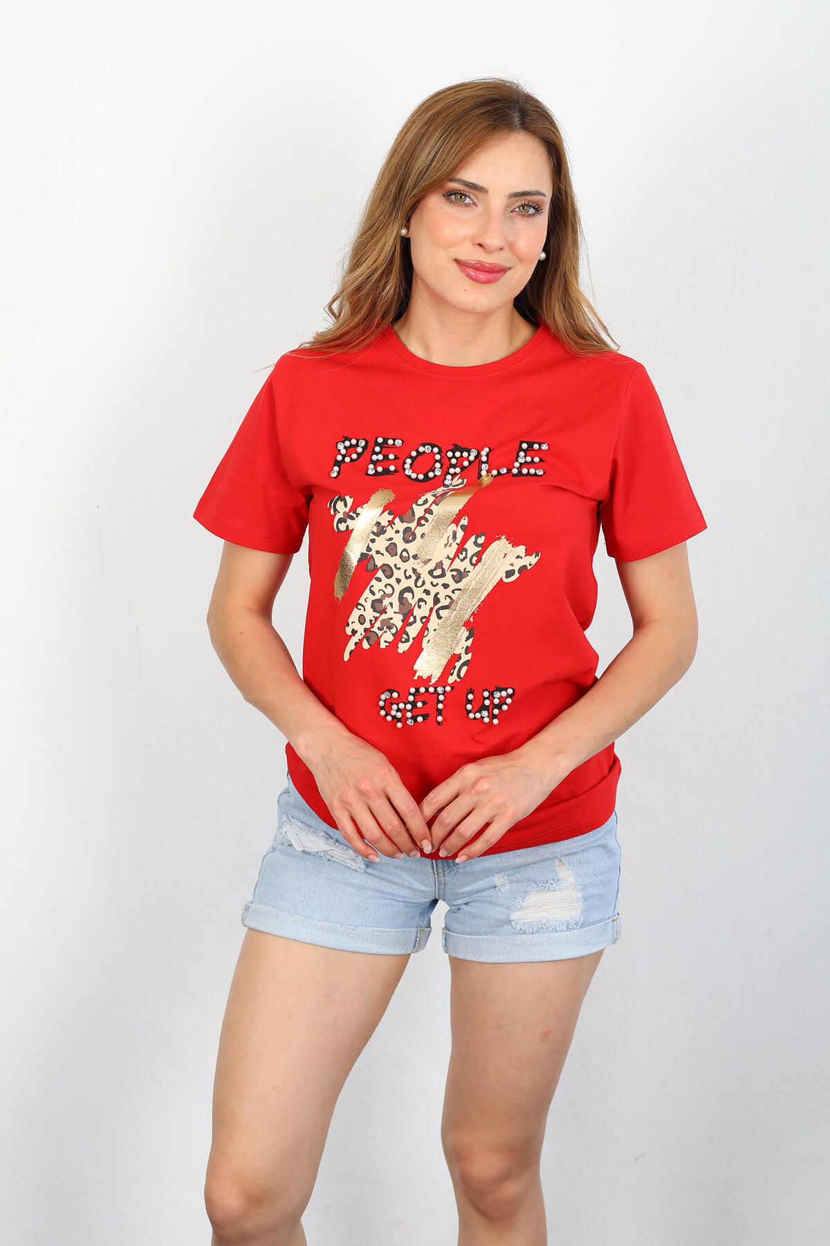 Berox - People İnci Taş Leopar Baskılı Kırmızı Kadın Oversize T-shirt