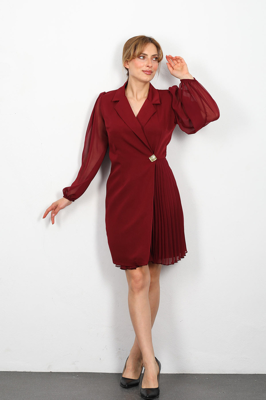 Berox - Plise Detay Kadın Bordo Ceket Elbise