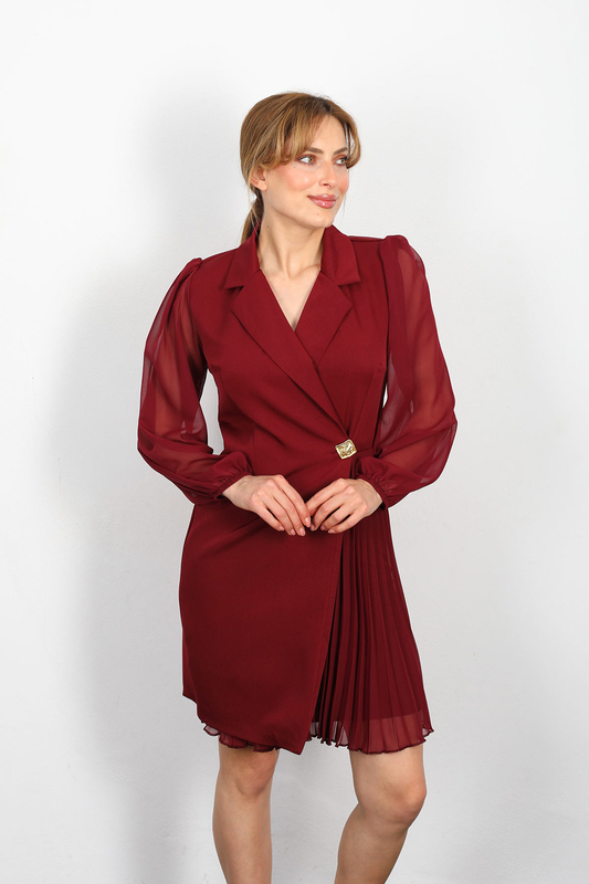 Berox - Plise Detay Kadın Bordo Ceket Elbise (1)