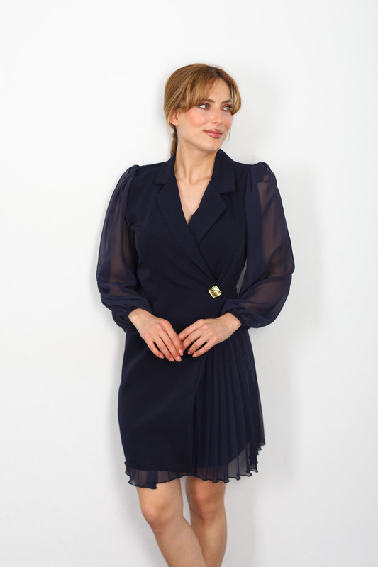 Berox - Plise Detay Kadın Lacivert Ceket Elbise (1)