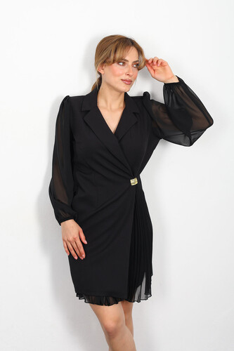 Berox - Plise Detay Kadın Siyah Ceket Elbise