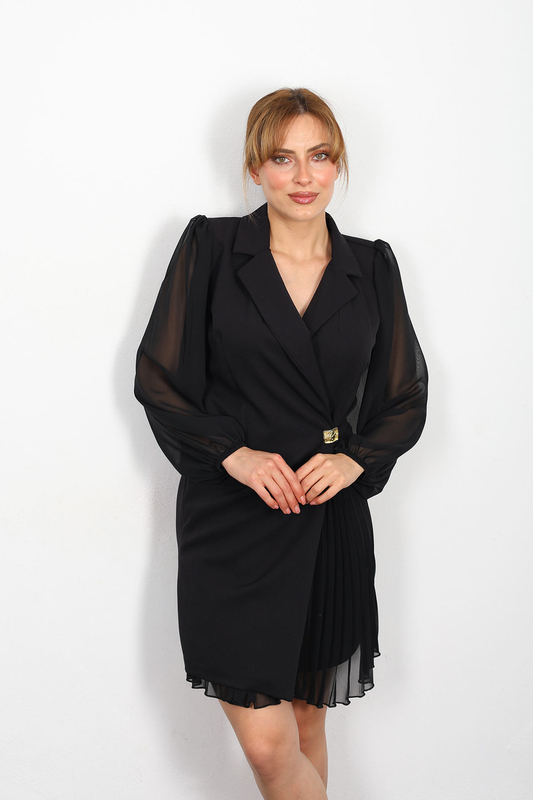 Berox - Plise Detay Kadın Siyah Ceket Elbise (1)