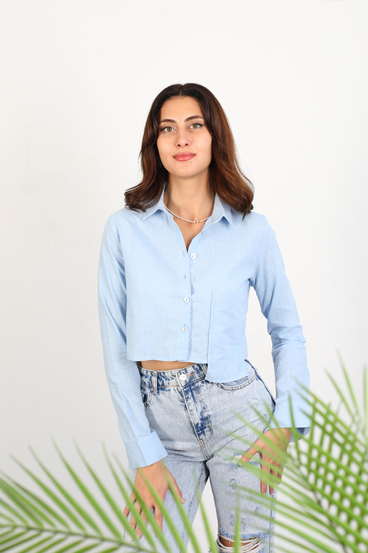 Berox - Pocket Kadın Bebe Mavisi Keten Crop Gömlek