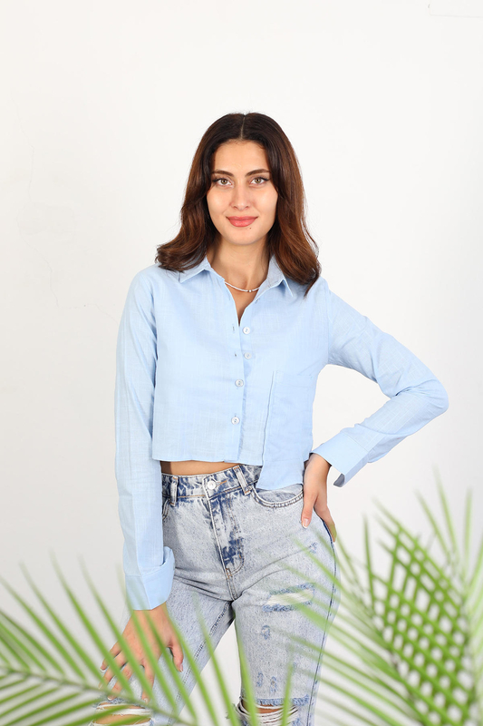 Berox - Pocket Kadın Bebe Mavisi Keten Crop Gömlek (1)