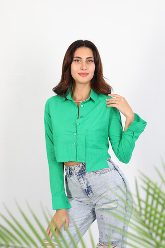 Berox - Pocket Kadın Yeşil Keten Crop Gömlek