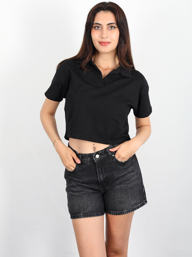 Polo Yaka Önü Pensli Siyah Kadın T-shirt - Thumbnail