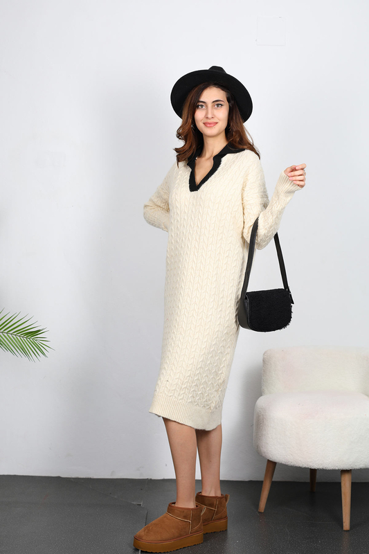 Berox - Polo Yaka Şeritli Kadın Krem Örme Triko Elbise (1)