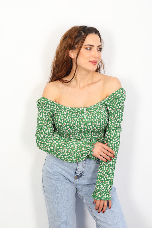 Berox - Prenses Kol Gipeli Çiçek Desenli Yeşil Kadın Bluz