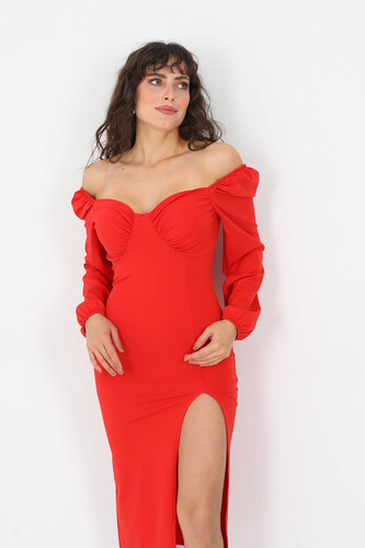 Berox - Prenses Kol Göğüs Büzgülü Kol Yırtmaçlı Kırmızı Kadın Elbise (1)