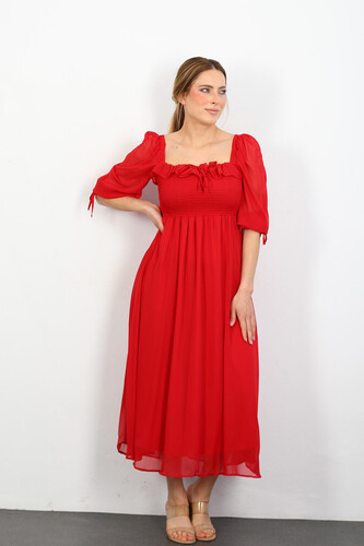 Berox - Prenses Kol Kırmızı Kadın Maya Elbise