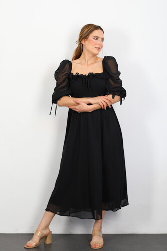 Berox - Prenses Kol Siyah Kadın Maya Elbise