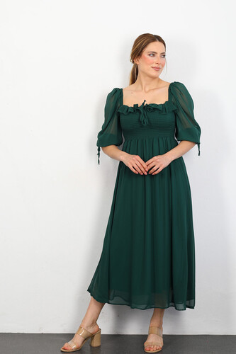 Berox - Prenses Kol Zümrüt Yeşili Kadın Maya Elbise