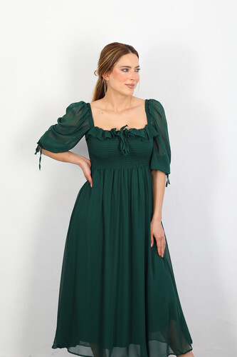 Berox - Prenses Kol Zümrüt Yeşili Kadın Maya Elbise (1)