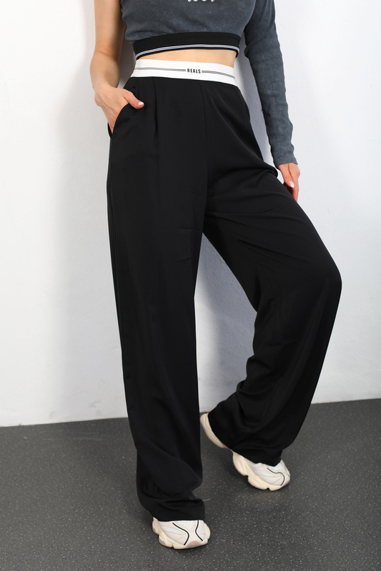 Berox - Reals Yazılı Lastikli Garnili Siyah Kadın Salaş Pantolon (1)