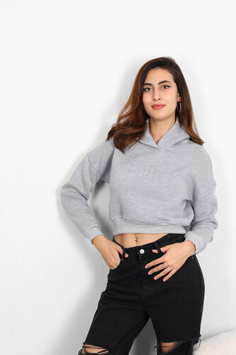 Berox - Route Kabartmalı Kapüşonlu Kadın Gri Crop Sweat