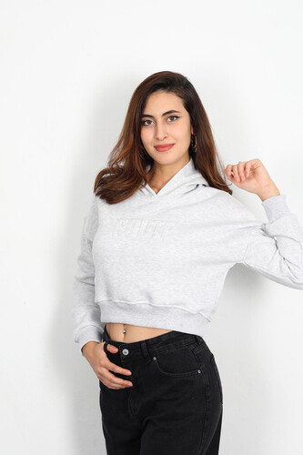 Berox - Route Kabartmalı Kapüşonlu Kadın Gri Melanj Crop Sweat (1)