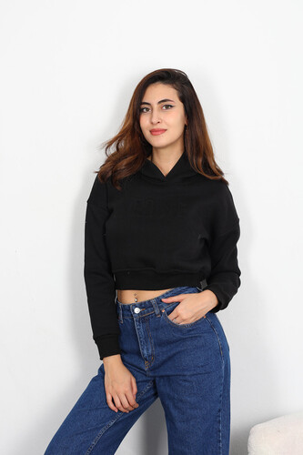 Berox - Route Kabartmalı Kapüşonlu Kadın Siyah Crop Sweat