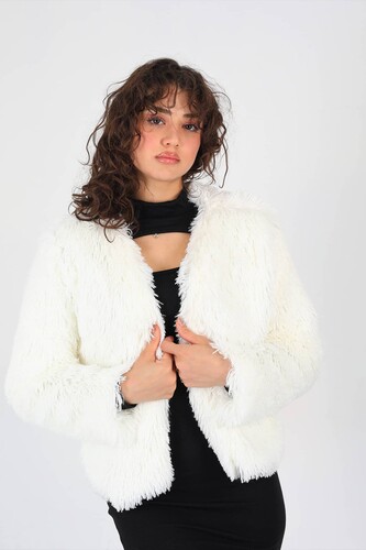 Berox - Sakallı Peluş Beyaz Kadın Ceket