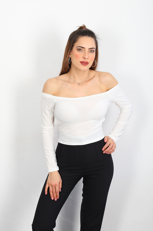 Berox - Sırt Dekolteli Kadın Beyaz Sandy Bluz