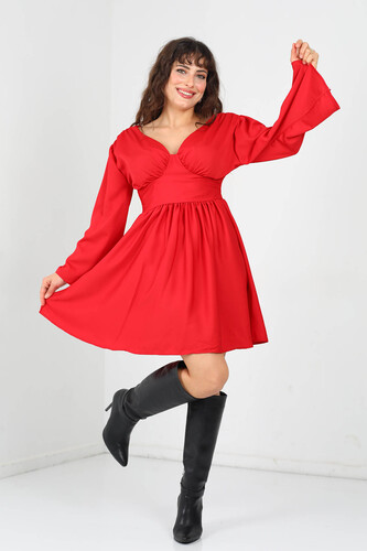 Berox - Sırtı Gipeli Saten Kırmızı Kloş Kadın Elbise (1)