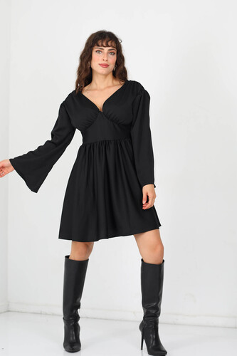Berox - Sırtı Gipeli Saten Siyah Kloş Kadın Elbise (1)
