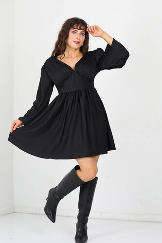 Berox - Sırtı Gipeli Saten Siyah Kloş Kadın Elbise