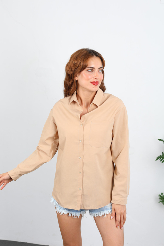 Berox - Tek Cepli Kadın Bej Oversize Terikoton Gömlek (1)