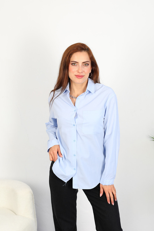 Berox - Tek Cepli Kadın Mavi Oversize Terikoton Gömlek (1)