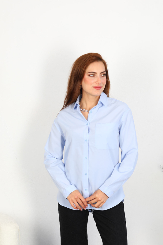 Berox - Tek Cepli Kadın Mavi Oversize Terikoton Gömlek