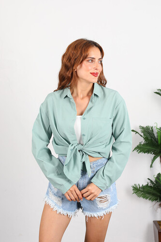 Berox - Tek Cepli Kadın Mint Yeşili Oversize Terikoton Gömlek (1)
