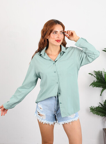 Berox - Tek Cepli Kadın Mint Yeşili Oversize Terikoton Gömlek