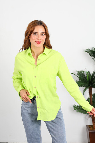 Berox - Tek Cepli Kadın Neon Yeşil Filam Keten Gömlek