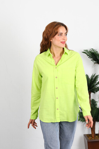Berox - Tek Cepli Kadın Neon Yeşil Filam Keten Gömlek (1)