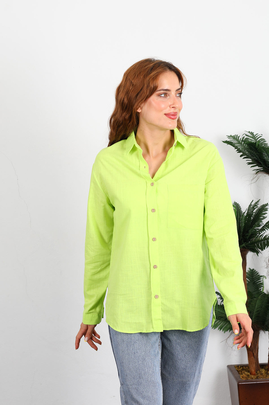 Berox - Tek Cepli Kadın Neon Yeşil Filam Keten Gömlek (1)